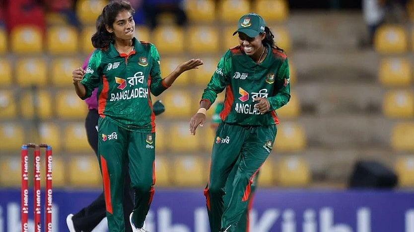 Photo: X/ @WomenCricketHQ : Bangladesh women's national cricket team players celebrate the wicket of a Thailand player during the match in Dambulla.